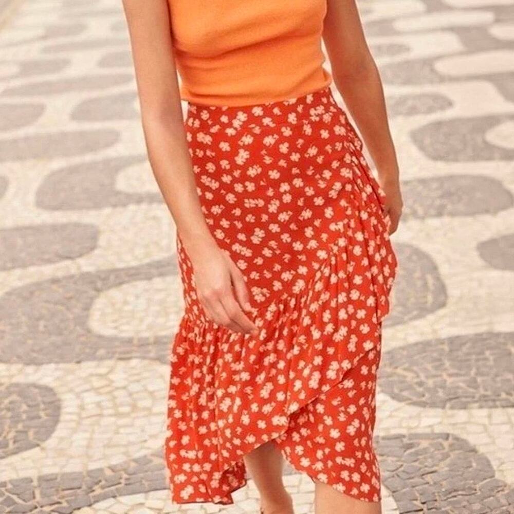 Madewell Orange Floral Ruffle-Wrap Midi Skirt in Happy Hibiscus Sz 12 Boho
